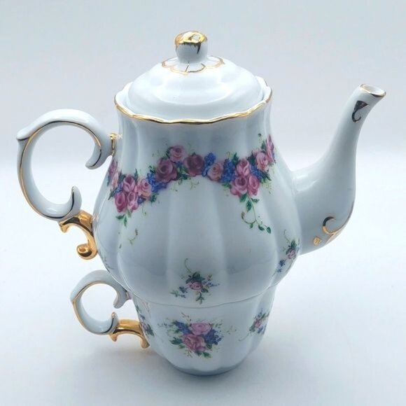 Porcelain Tea For One Floral Stackable 3 Piece Tea Set Roses Gold Trim - Picture 2 of 11